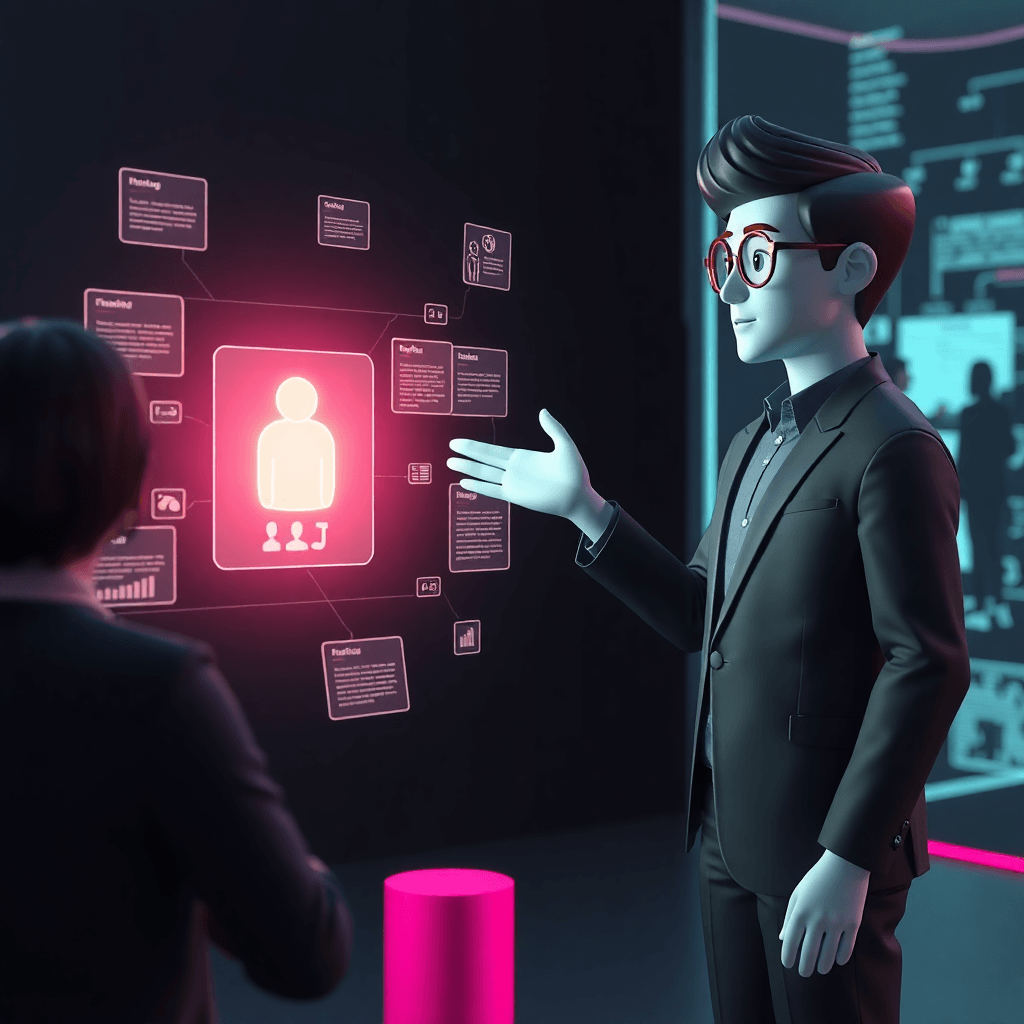Futuristic scene of a 3D avatar salesperson presenting a glowing product hologram to a customer. Floating info cards with product details surround the hologram. Dark, enterprise theme with magenta accents.