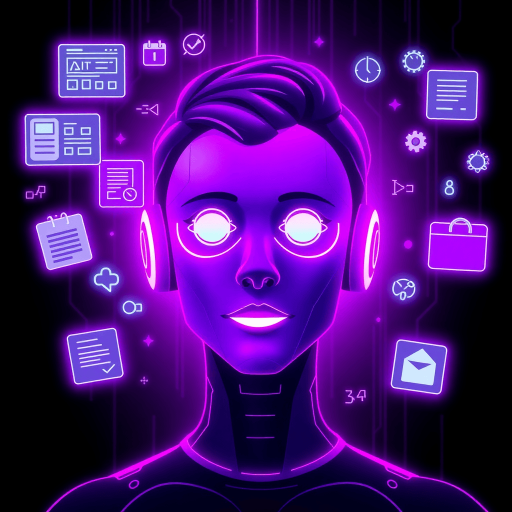 Futuristic AI tester avatar, glowing with neon purple and magenta. Surrounded by floating UI wireframes, code snippets, checklists, and bug icons on a dark tech background.